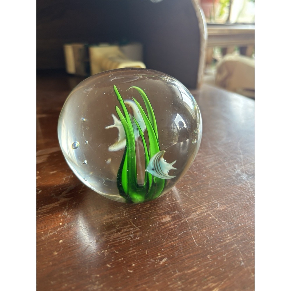 Glass Swimming Fish Paperweight Blue Green